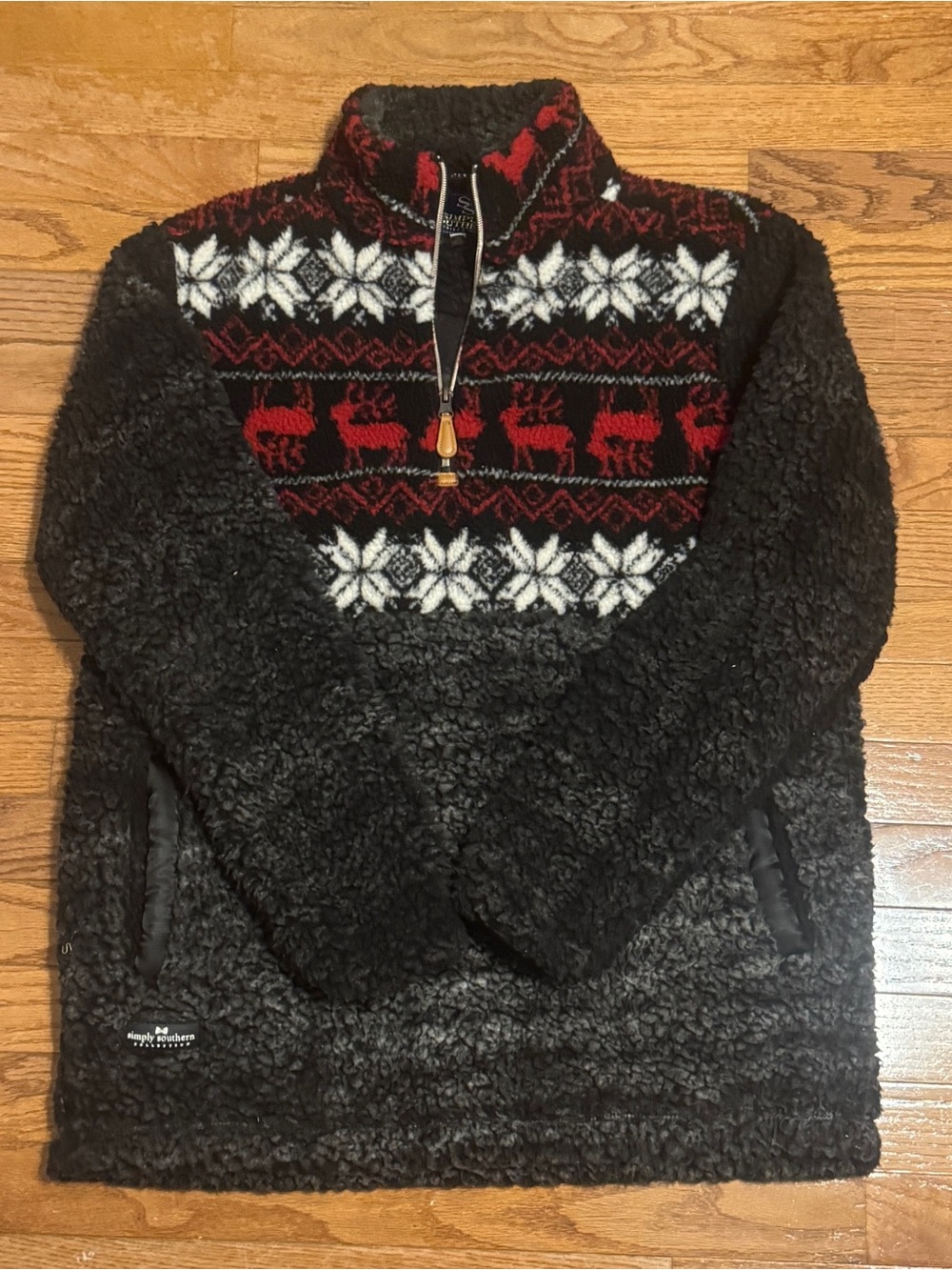 Simply Southern Black Sherpa Half-Zip Sweater with Red and White Nordic Yoke